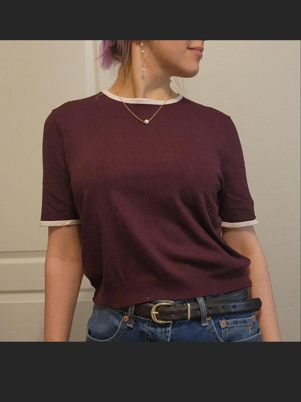 H&M Plum Short Sleeve Comfy Ringer Tee with White Trim Size Large